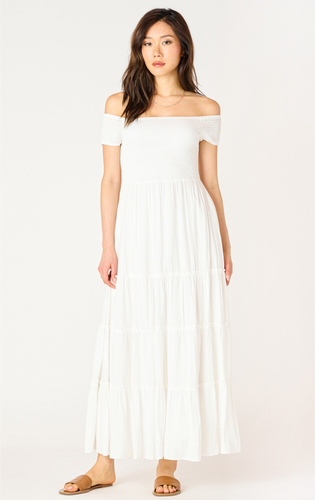 WHITE SMOCKED TIERED MAXI DRESS