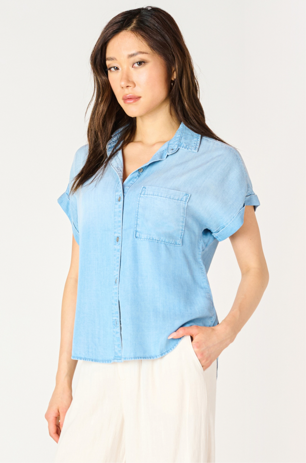 BLUE WASH BUTTON DOWN BLOUSE